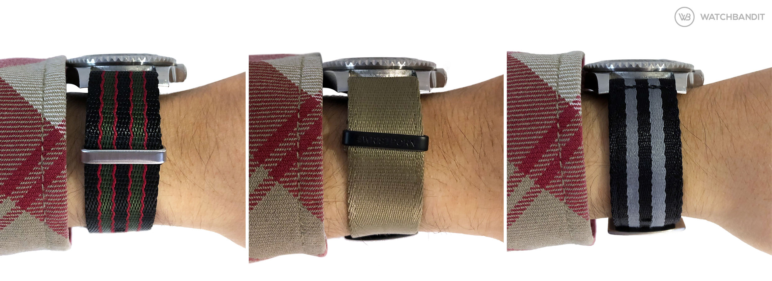 Height comparison of NATO straps 1,4 mm 1,2 mm 0 mm WatchBandit two piece NATO strap