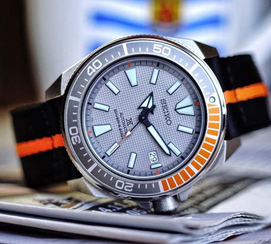 Hands-On - Seiko Prospex Dawn Grey on orange black two piece NATO strap by watchbandit