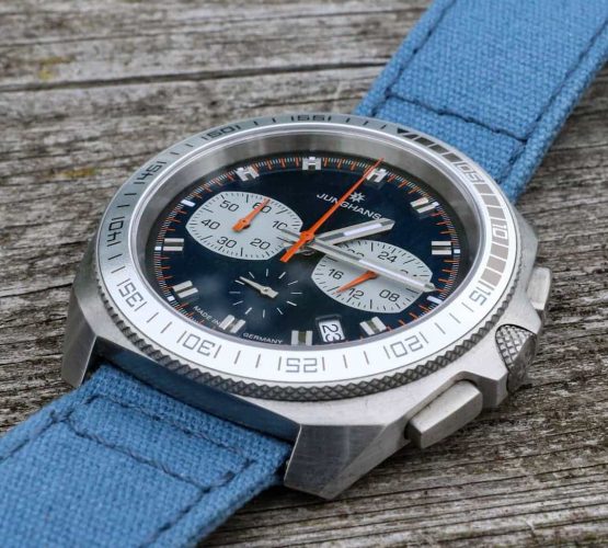 Junghans performance chronograph 1972 on blue canvas strap by watchbandit