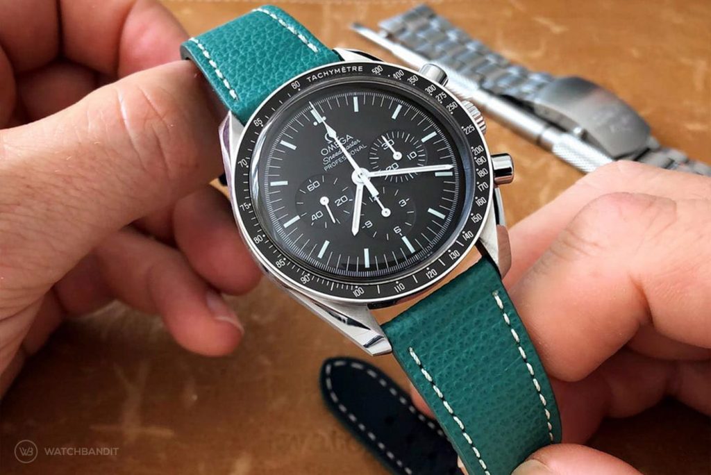 Omega Speedmaster Professional on textured calfskin leather strap petrol green 