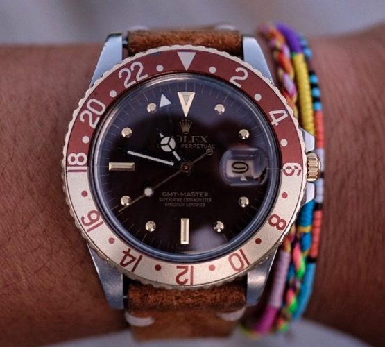 Rolex GMT Master II vintage nipple dial gold wristshot on watchbandit brown suede strap