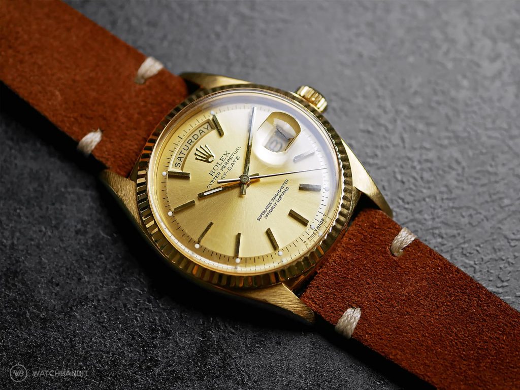 Rolex Day-Date ref. 1803 on brown suede leather strap by Watchbandit Original