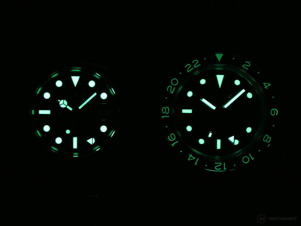 Rolex GMT Master II vs Squale Sub39 GMT_lume shot-min