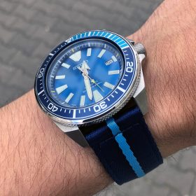 Seiko Prospex Blue Lagoon on Blue Sky Blue two piece NATO Strap by Watchbandit