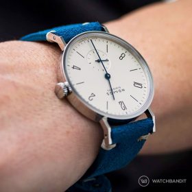 NOMOS Tangente ocean blue suede by WB Original wristshot