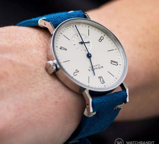 NOMOS Tangente ocean blue suede by WB Original wristshot