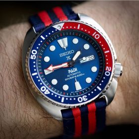 Seiko Padi Turtle Prospex on Blue/Red two piece NATO by @the.realwatchman