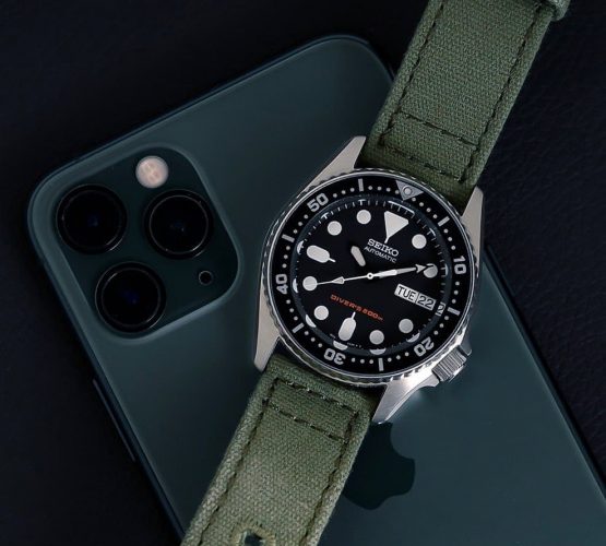 Seiko SKX007 on green canvas strap by watchbandit iPhone 11