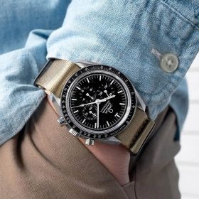 Omega Speedmaster on khaki premium NATO band by Watchbandit