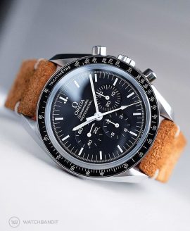 Omega Speedmaster on golden brown Suede Strap by WatchBandit